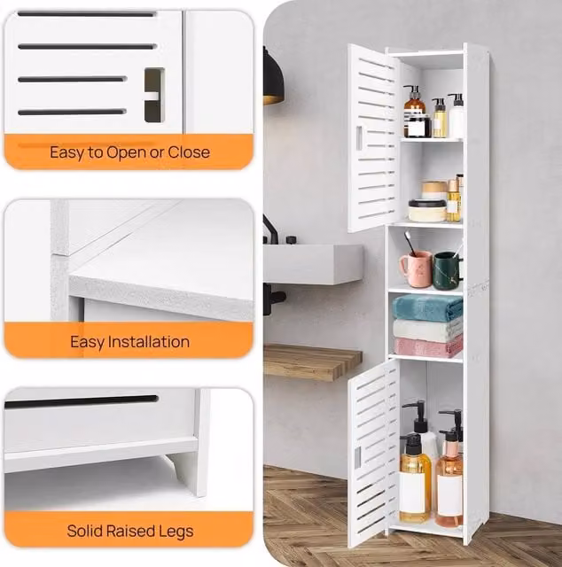 NESTLUNE Tall White Bathroom Storage Cabinet with Internal Shelves and Hinged Doors, H 117 x W 20 x D 20 cm