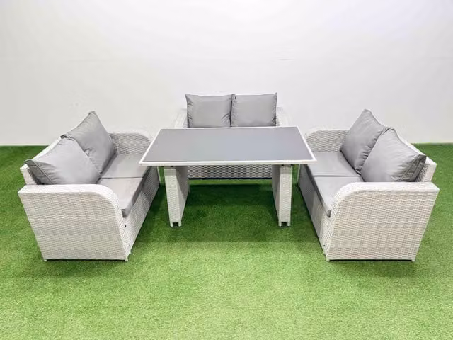 Fimous 6 Seater Rattan Garden Furniture Set with Glass Table in Light Grey