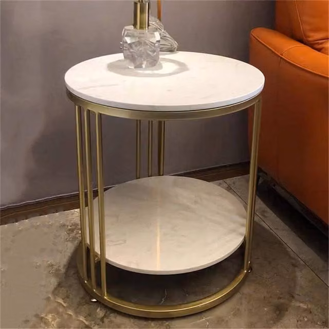 VOGREX Round Marble Side Table with 2 Tier Storage Shelf in Gold and White – 1