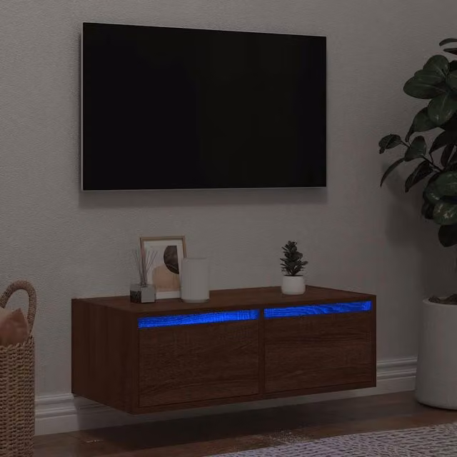 Berkfield Home Modern TV Cabinet with LED Lights in Brown Oak, W: 75 cm, D: 25 cm, H: 35.5 cm – 1