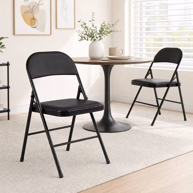 STILVORA Set of 2 Black Cushioned Folding Chairs with Synthetic Leather and Metal Frame – 1