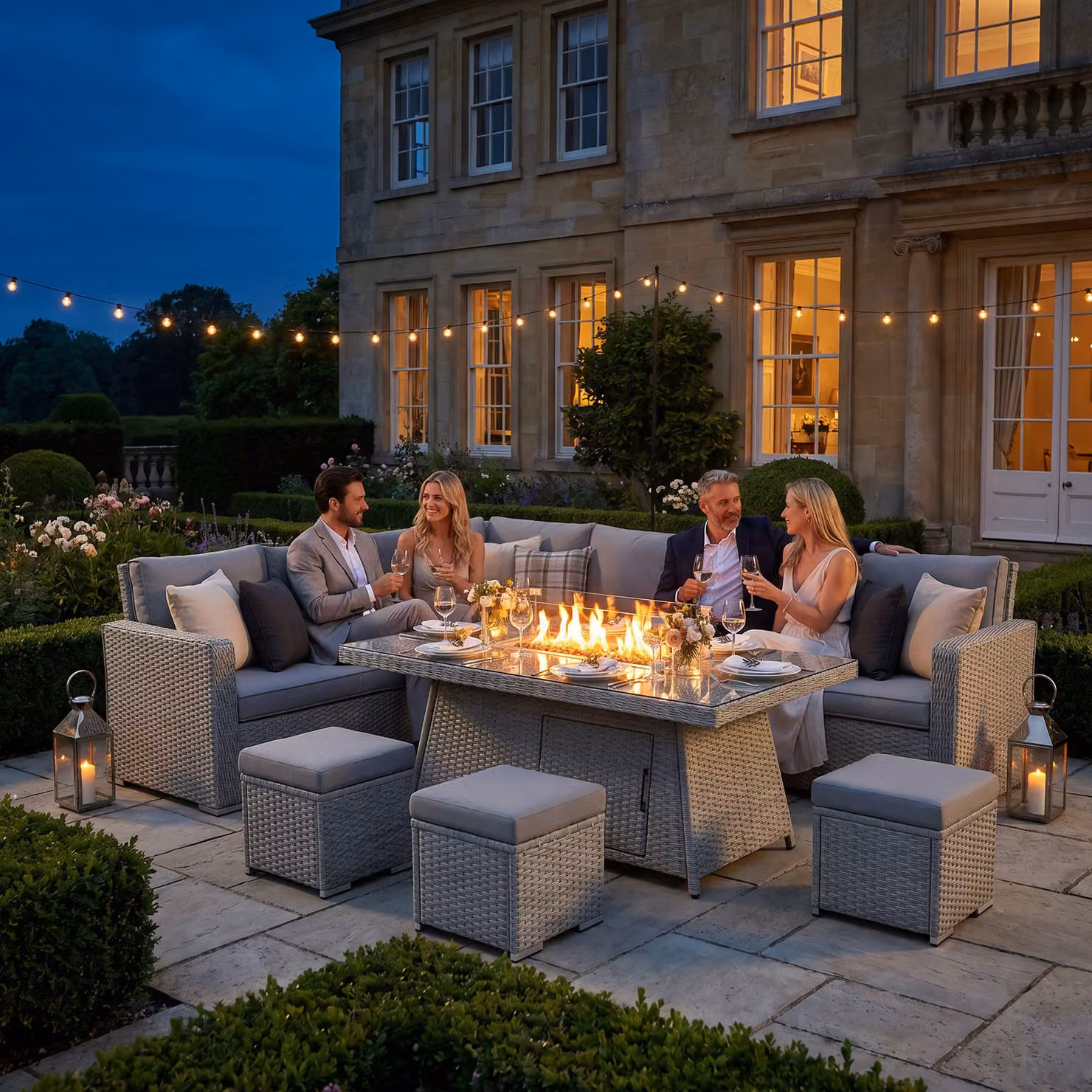 Outsunny 7 Piece Grey PE Rattan Garden Furniture Set with 50,000 BTU Gas Fire Pit Table, Double Corner Sofa and 3 Footstools – 6