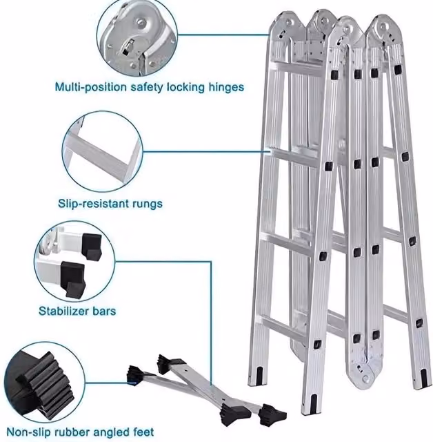 VOGREX 14 in 1 Aluminium Multi-Purpose Folding Platform Ladder, 4.7m, Silver