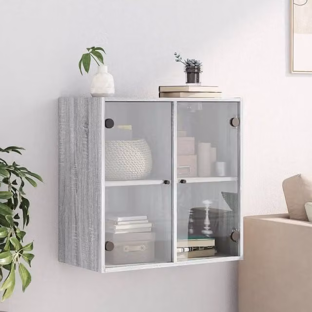 Berkfield Home Wall Cabinet with Glass Doors in Grey Sonoma, W/D/H: 68 x 37 x 68.5 cm – 1