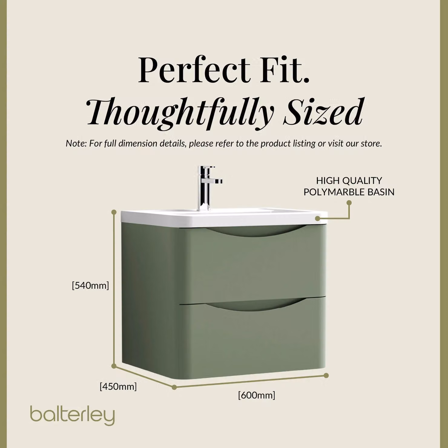Balterley Wall Hung 2 Drawer Bathroom Vanity Unit and Basin in Satin Green – 3