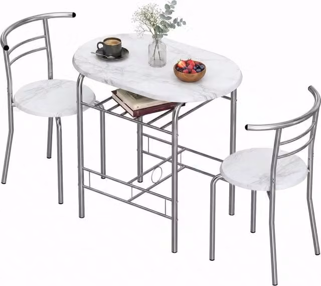NESTLUNE Modern White Breakfast Bar Table and 3 Stools Set with Marble Effect Top and Metal Legs, W/D/H: 100 x 100 x 100 cm – 1