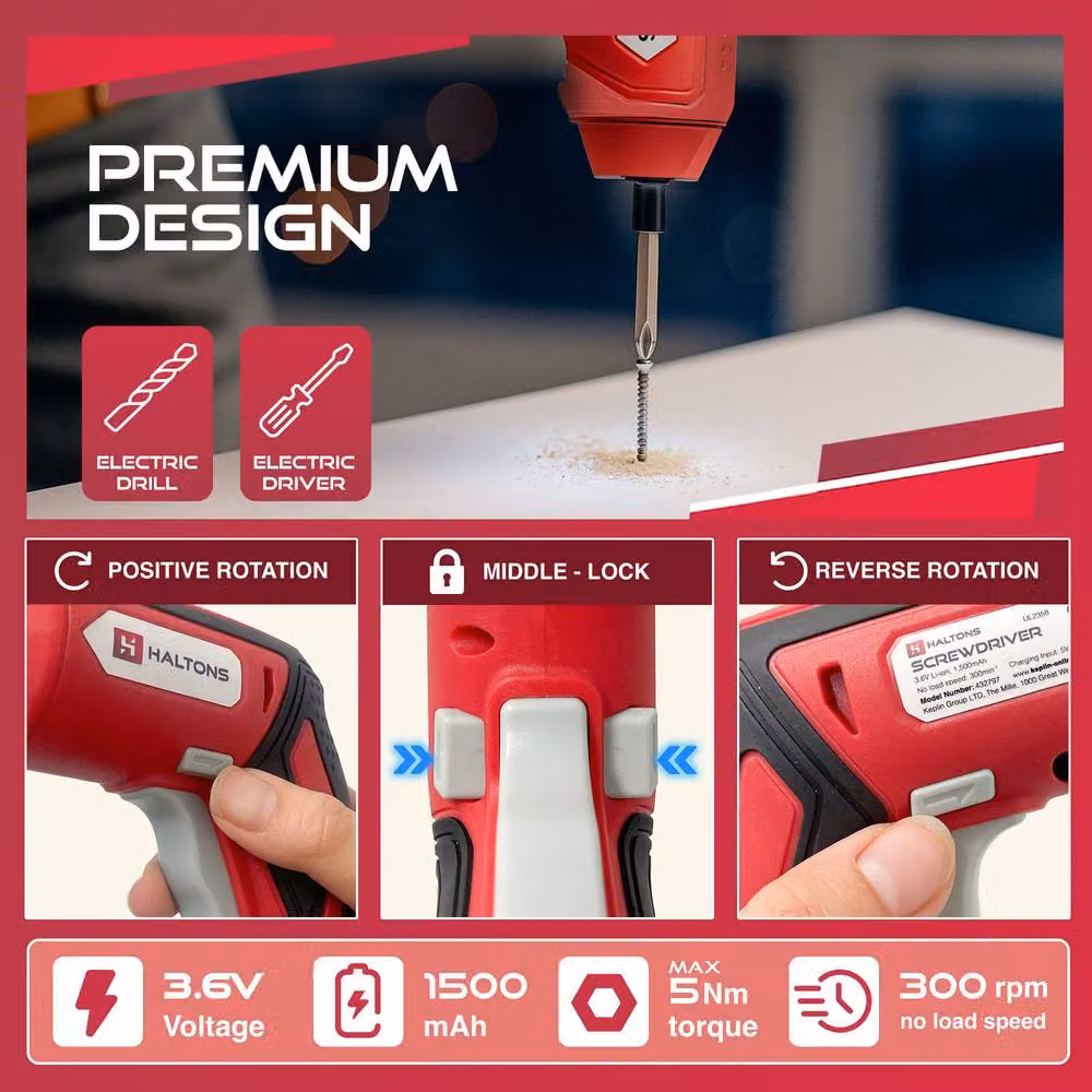 Haltons 25-Piece Red Cordless Electric Screwdriver Set with 3.6V Rechargeable Battery, 5.0Nm Torque and LED Light – 2