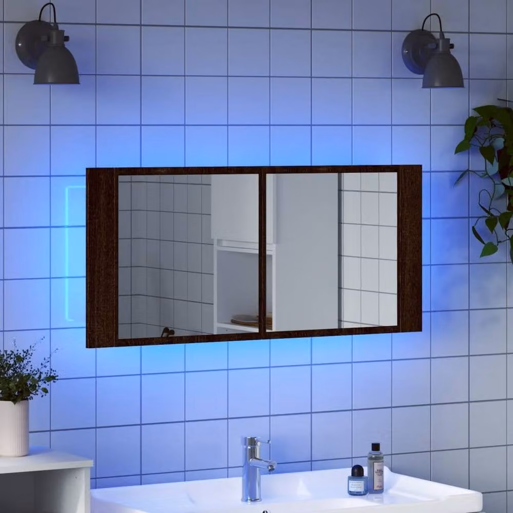 Berkfield Home LED Bathroom Mirror Cabinet in Brown Oak, W/D/H: 100 x 12 x 45 cm – 3