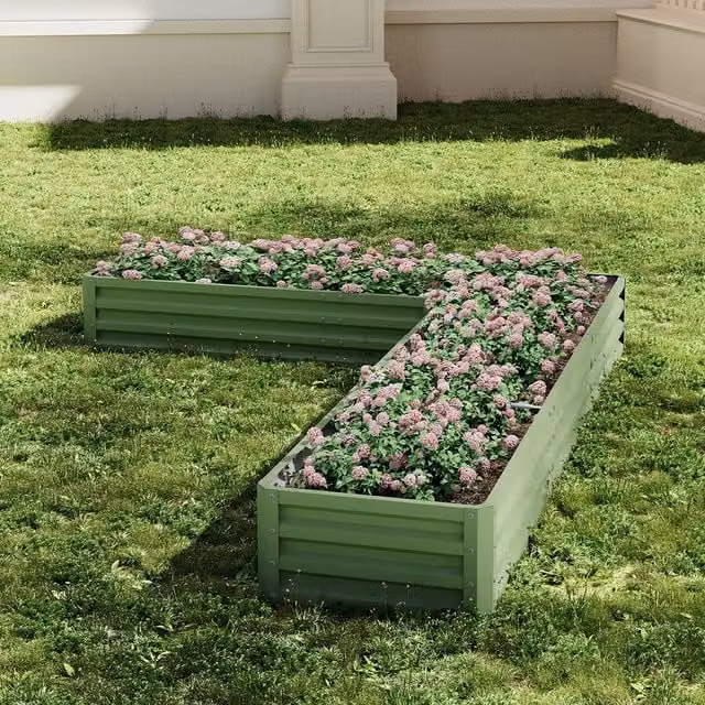Lifeideas L-Shaped Metal Raised Flower Bed in Light Green, W/D/H: 277 x 207 x 30 cm