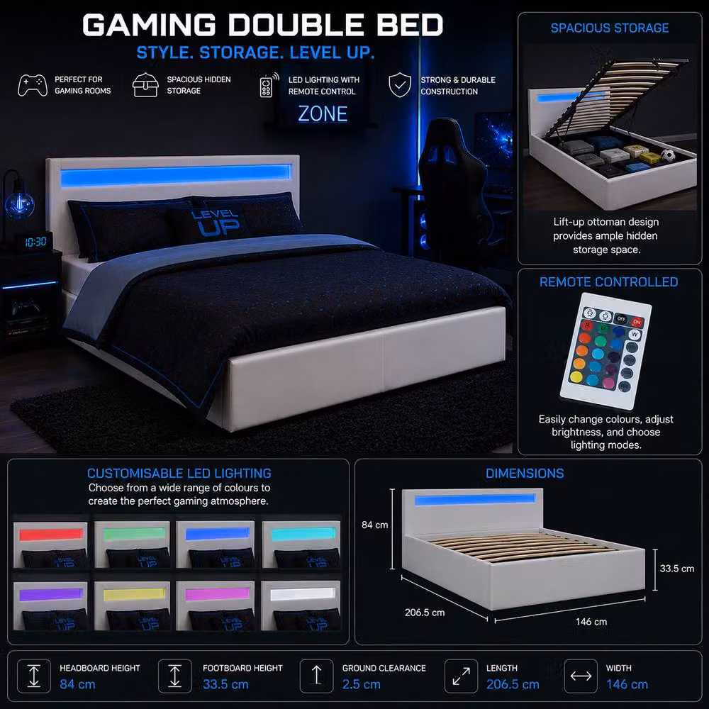 Harmin LED Gaming Ottoman Bed in White, EU Double Size with Under-Bed Lighting and Lift-Up Storage Base – 2