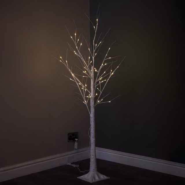 Samuel Alexander 1.5m Light up Christmas Birch Tree with 64 Warm White LEDs in Beige and White