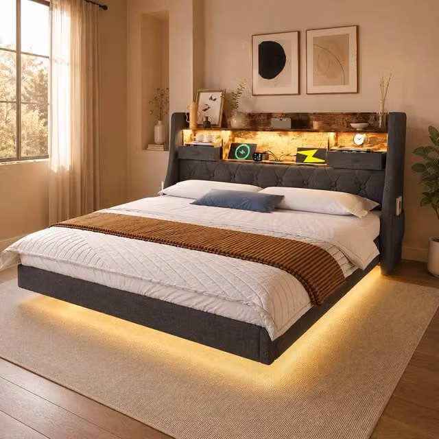 STILVORA Super King Upholstered Bed in Grey with LED Lighting, USB Charging Ports and Storage Drawers, W/D/H: 200 x 181 x 180 cm