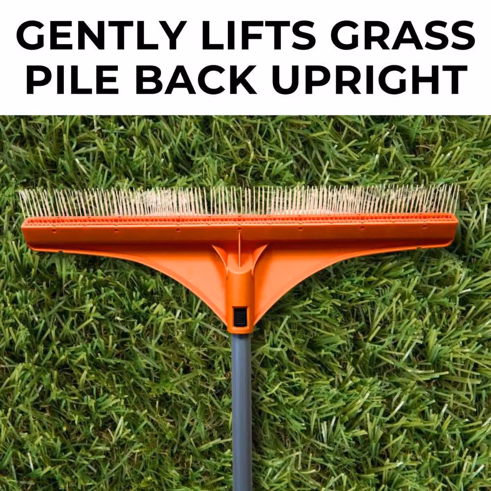 Lazy Tools Artificial Grass Rake with Hose Attachment and Cleaning Fluid Dispenser, Orange and Black, Sweep Width: 45 cm, Handle Height: 8-140 cm – 4