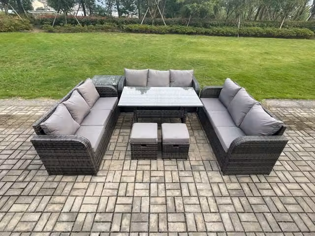 Fimous 11 Seater Grey Rattan Garden Furniture Set with Oblong Rectangular Dining Table, 2 Small Footstools and Side Table