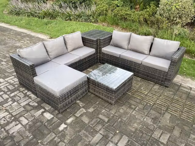 Fimous 7 Seater Rattan Garden Furniture Set in Dark Grey with Coffee Table and Ottoman