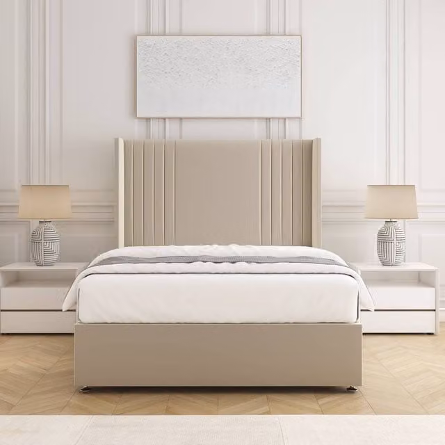 BSSPOKE Cheshire Divan Bed with 54 inch Headboard and 10 inch Mattress in Cream Plush Velvet, Super King, W/D/H: 200 x 162.56 cm
