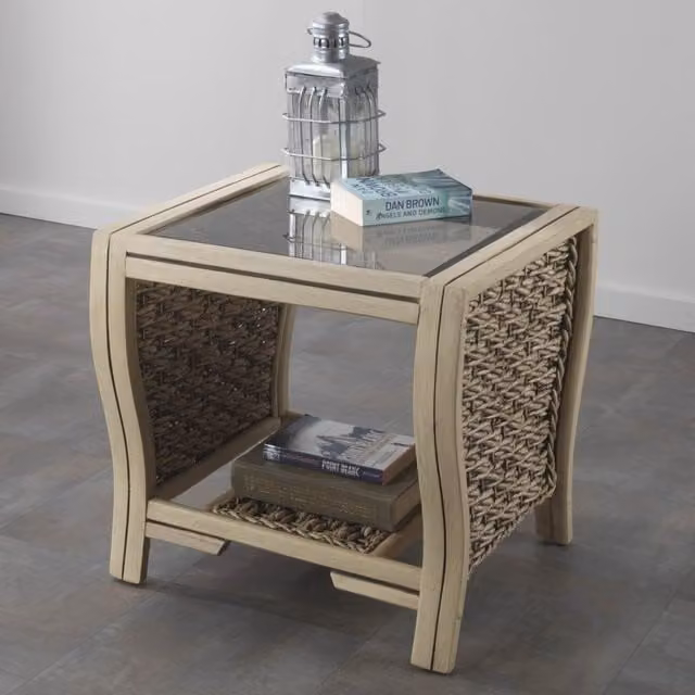 Desser Milan Cane Square Lamp Table in Yellow with Glass and Rattan Top