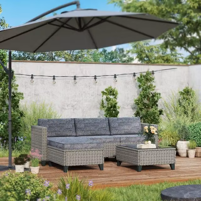 Outsunny 5-Piece L-Shape Rattan Garden Furniture Set in Grey with Ottoman, Coffee Table and Upholstered Cushions – 6