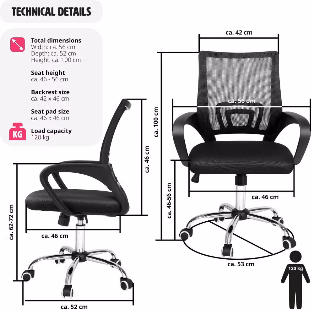 tectake Marius Office Task Chair in Black with Armrests and 360 Degree Swivel – 6
