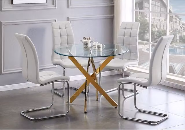 FurnitureboxUK Novara Gold Metal Round Glass Dining Table and 4 Murmur White Dining Chairs