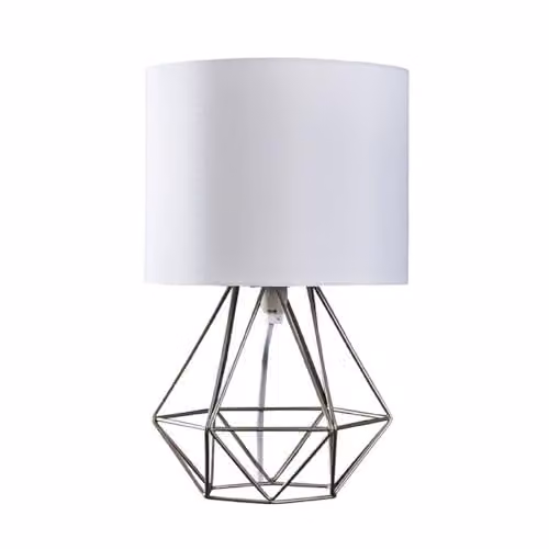ValueLights Modern Chrome Metal Basket Table Lamp with White Fabric Shade