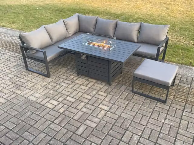 Fimous 7 Seater Aluminium Outdoor Garden Furniture Set with Corner Sofa, Gas Fire Pit Dining Table and Footstool in Matt Dark Grey