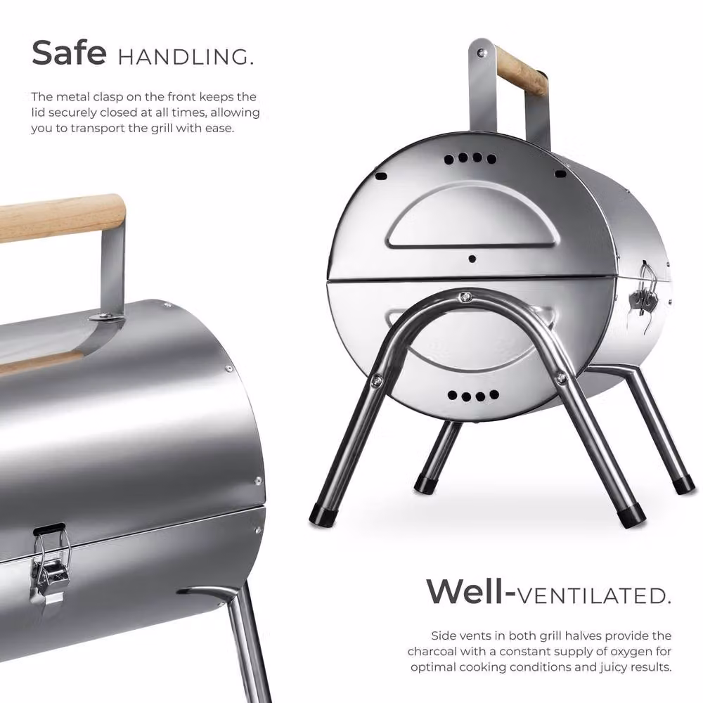 tectake Stainless Steel Charcoal Grill in Silver with 2 Cooking Surfaces and 2 Charcoal Trays, W/D/H: 44.0 x 42.0 x 30.5 cm – 3