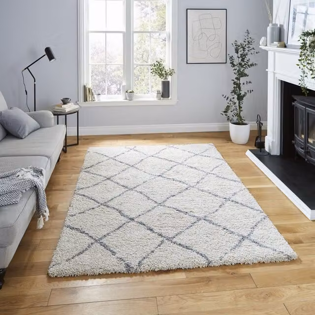 Terrys Scandinavian Diamond Pattern Rectangular Rug in Grey, Beige and White