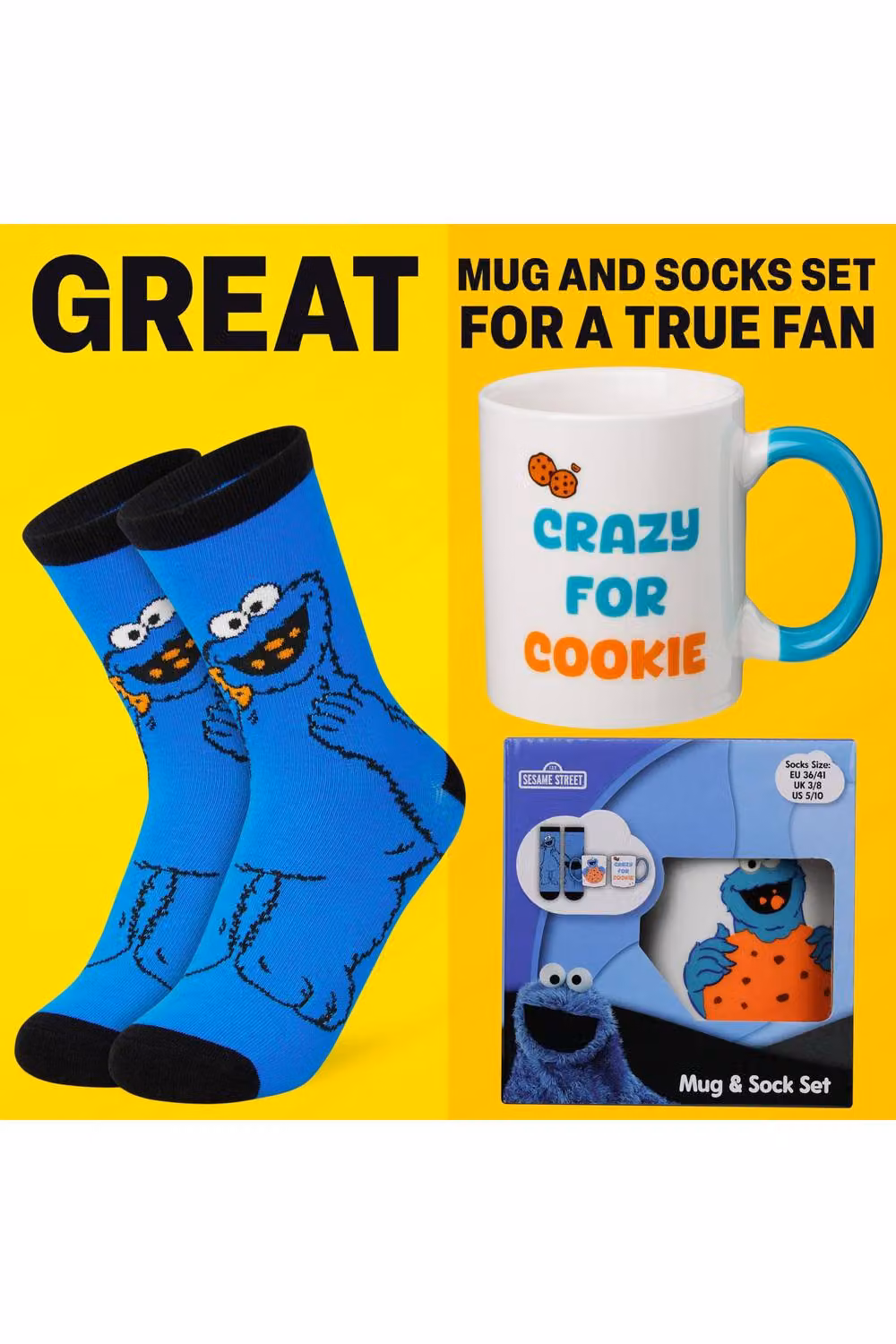Get Trend Sesame Street Cookie Monster Ceramic Mug and Crew Socks Gift Set, Multicolour, 340ml – 7