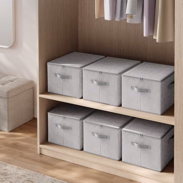SONGMICS Set of 6 Foldable Fabric Storage Organiser Boxes with Lids and Handles, Grey
