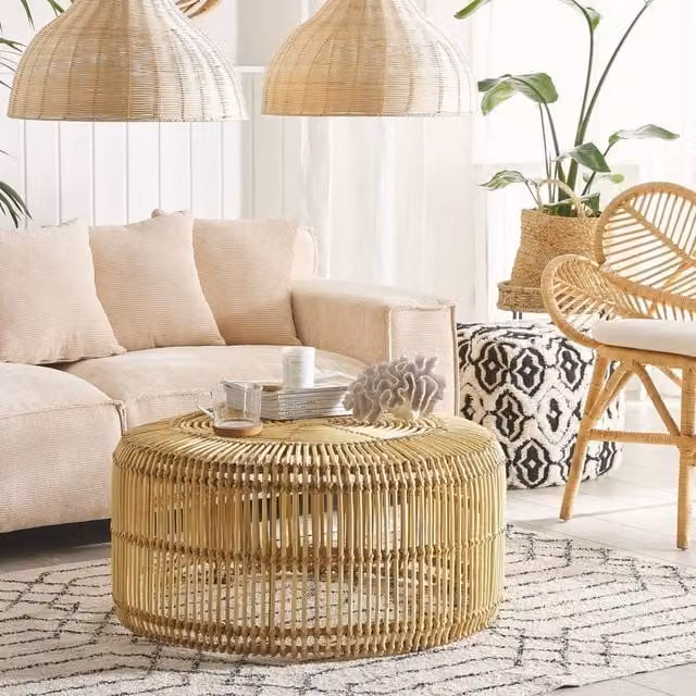 Wyld and Coco Rustic Light Wood Rattan Coffee Table with Iron Drum Frame in Natural Beige
