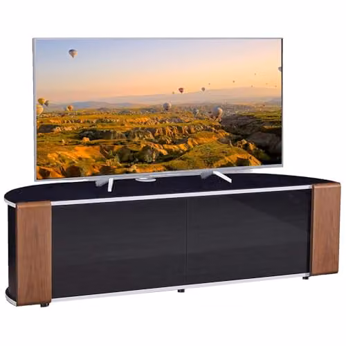 MDA Designs Sirius 1600 Gloss Black TV Cabinet with Interchangeable Walnut or Oak Trims, W/D/H: 160 x 48 x 45 cm – 1