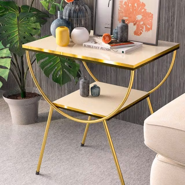 Woohoo Furniture Modern Style Rectangular Side Table with Metal Serving Tiers in Beige, Gold and White
