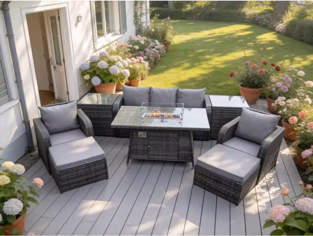 Fimous 7-Piece Wicker Rattan Garden Furniture Set with Gas Fire Pit Table and Reclining Chairs in Dark Grey