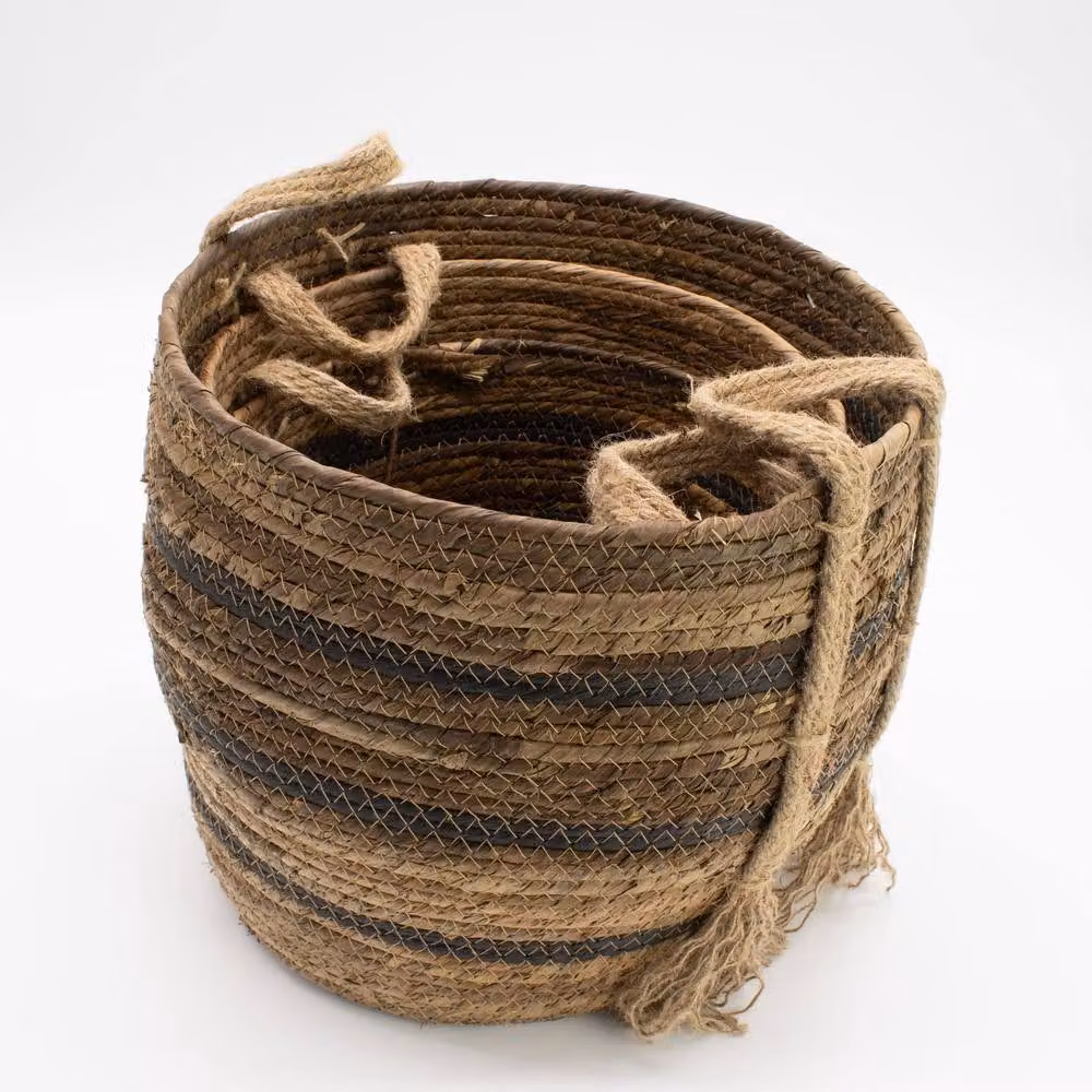 Serenityy Set of 3 Round Woven Seagrass and Rattan Baskets with Handles in Brown Striped Design – 2