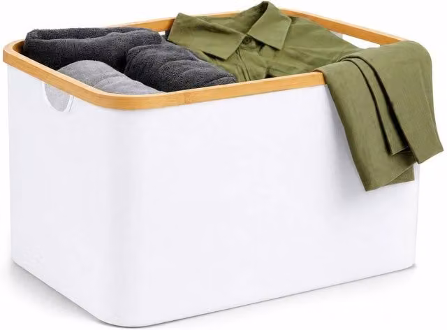 Kelvenix White Foldable Laundry Basket with Bamboo Accents, 60L – 1