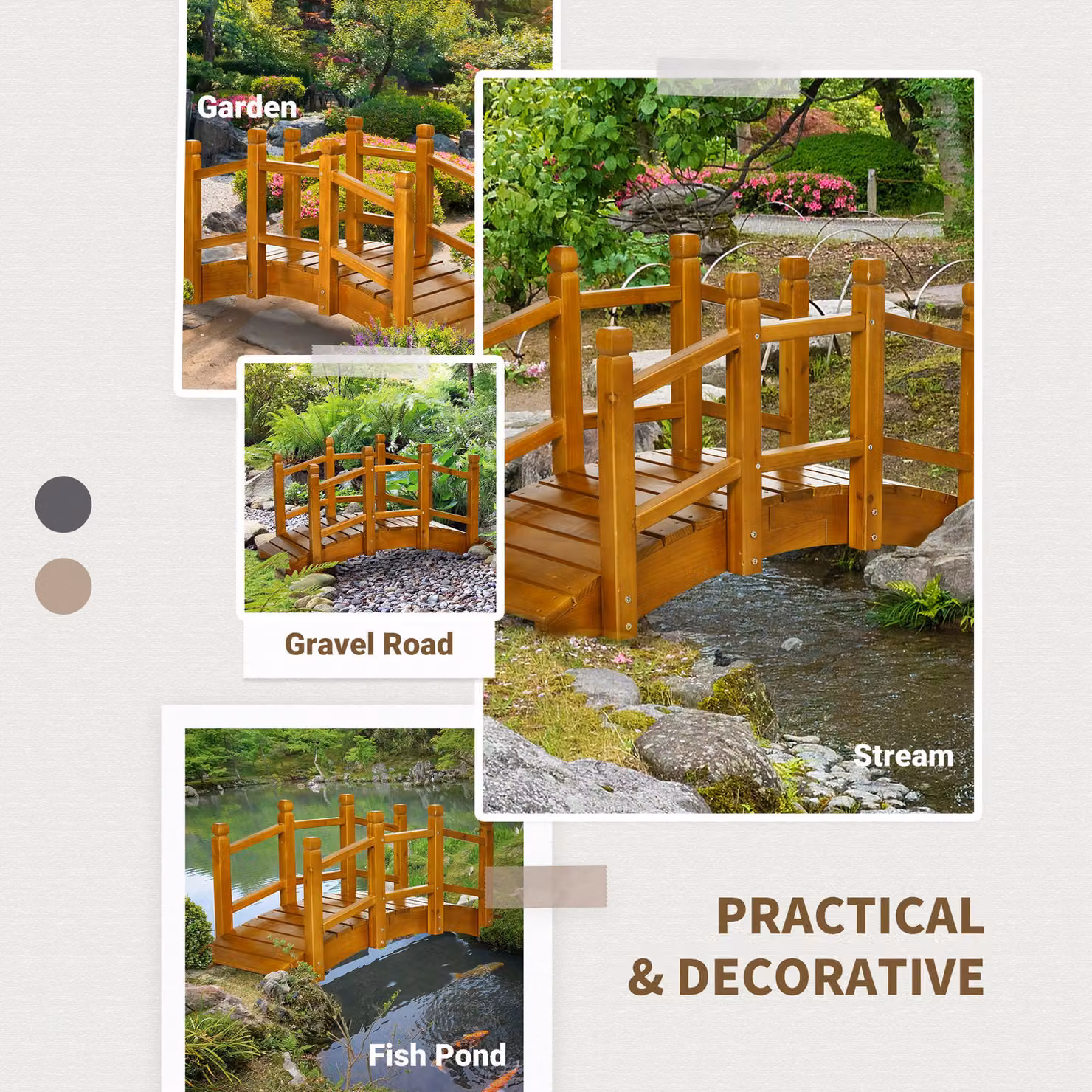 Outsunny Classic Lacquered Wooden Garden Bridge with Safety Railings, Brown – 5
