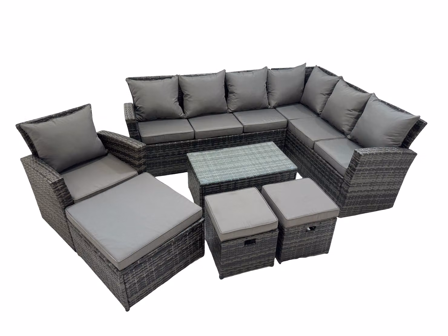 Fimous 10 Seater L-Shape Garden Sofa Set with Coffee Table and 3 Footstools in Dark Grey – 2