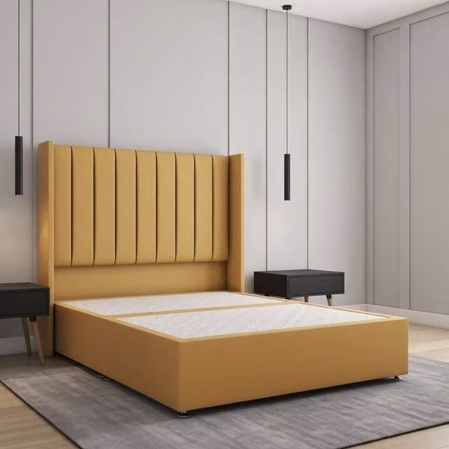 Regional Furnishings Single Mustard Yellow Plush Velvet Divan Bed with 54 inch Headboard, W/D/H: 90 x 190 x 30.48 cm