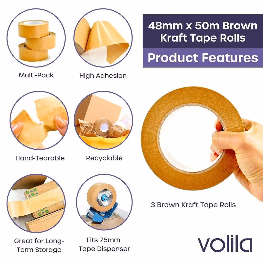 Volila 3 Pack Brown Kraft Heavy Duty Packaging Tape, Width: 48 mm, Length: 50 m – 3