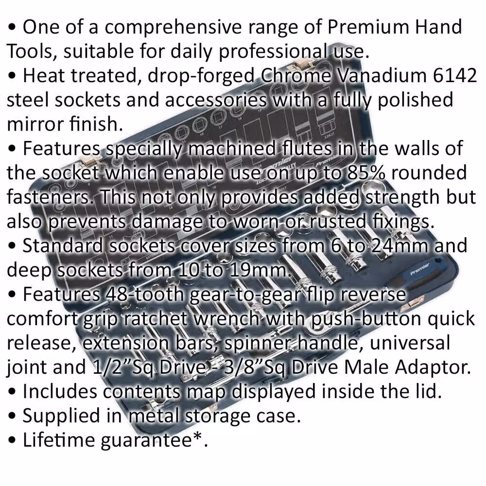 Loops 34 Piece 3/8 Inch Metric Socket Set with 6 Point Lock-On Rounded Heads in Silver and Multicolour Chrome Vanadium Steel – 2
