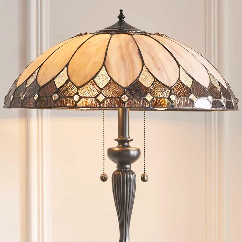 Loops Tiffany Twin Floor Lamp in Dark Bronze with Multicolour Stained Glass Shade – 2