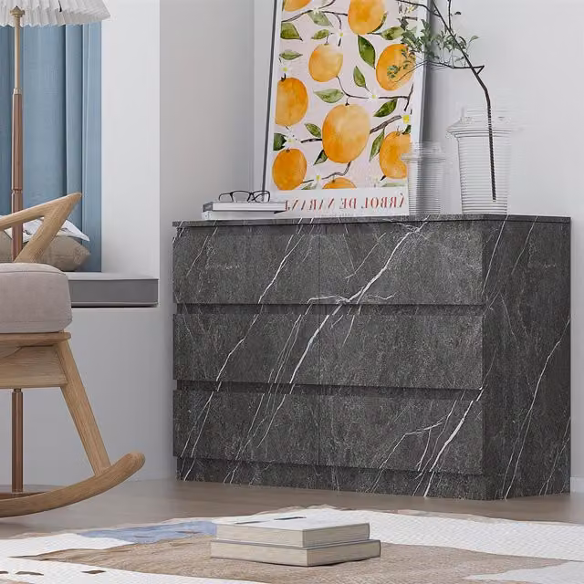 ZITA 6 Drawer Handleless Chest of Drawers in Grey Marble Effect, W/D/H: 112 x 40 x 75 cm