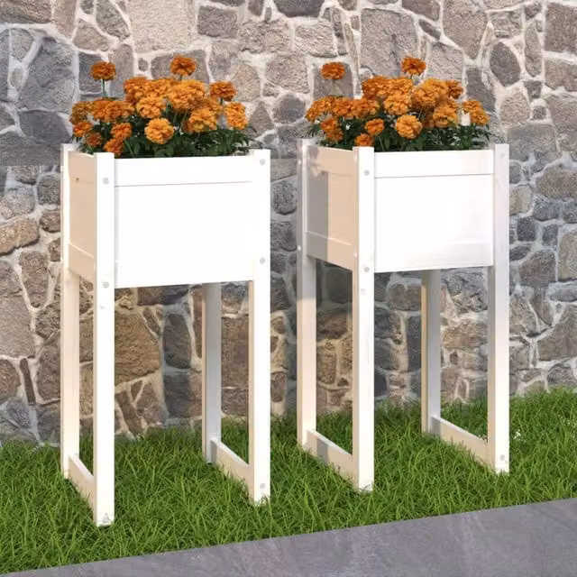 Berkfield Home Set of 2 White Wooden Raised Garden Planters in Solid Pine, W/D/H: 40 x 40 x 81 cm