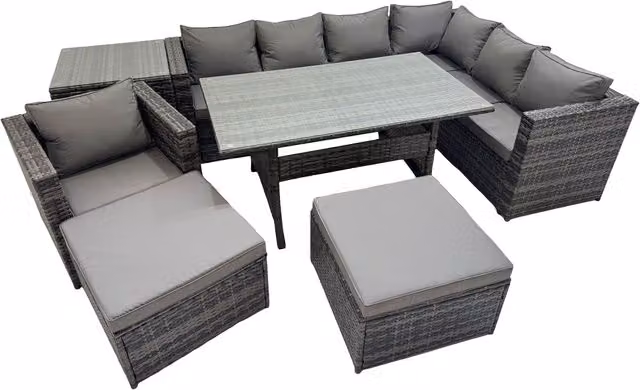 Fimous 9-Seater Rattan Garden Furniture Set with Dining Table, Corner Sofa, Chairs and 2 Stools in Dark Grey Mixed