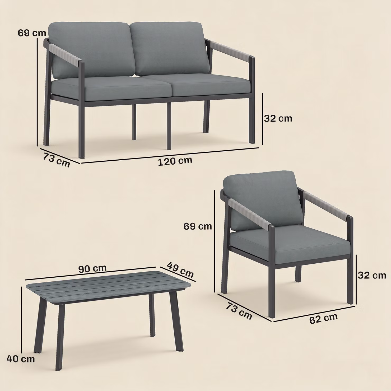 Outsunny 4 Seater Grey Aluminium Garden Furniture Set with Upholstered Cushions, 2 Seater Sofa, 2 Armchairs and Coffee Table – 3