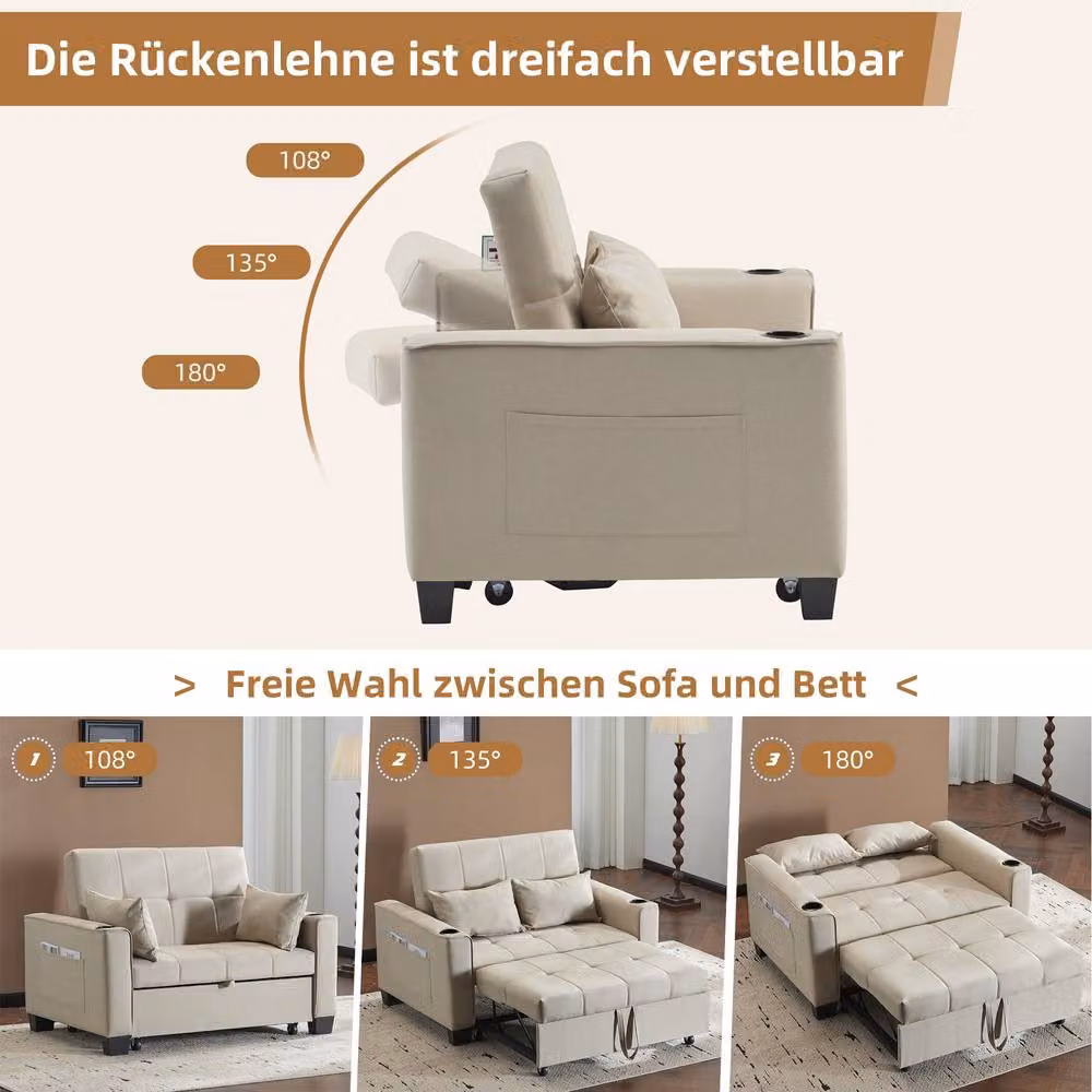 Tokpiedi 2 Seater Convertible Pull Out Sofa Bed with Cup Holders in Beige – 4