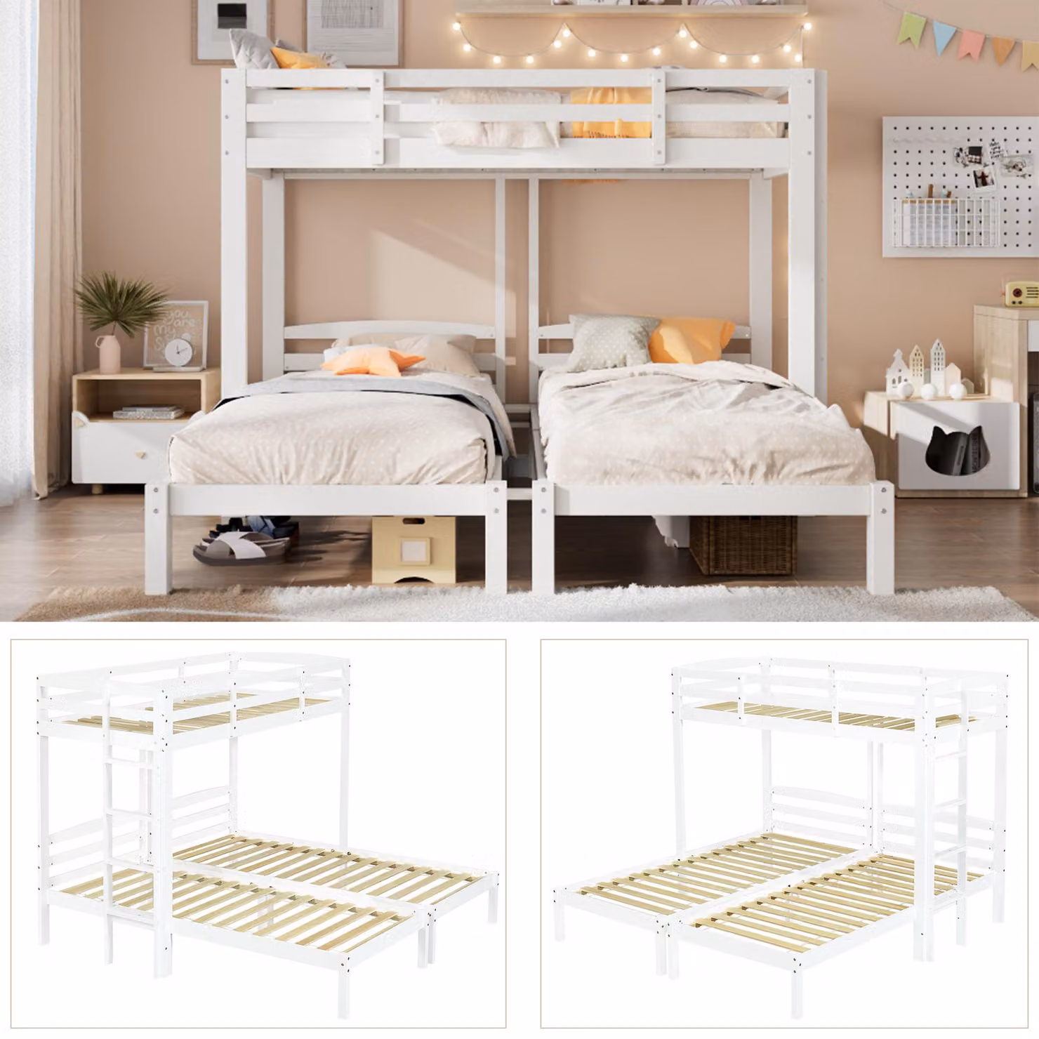 Aosom UK Triple Bunk Bed Space-Saving Sleeper with Ladder, Bedside Storage and Safety Rails, White, L: 204 cm, W: 198 cm, H: 162.5 cm – 3