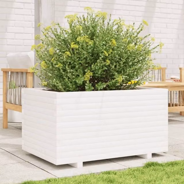 Berkfield Home Beautiful Garden Planter in White, Solid Wood Pine, W: 90 cm, D: 60 cm, H: 49.5 cm