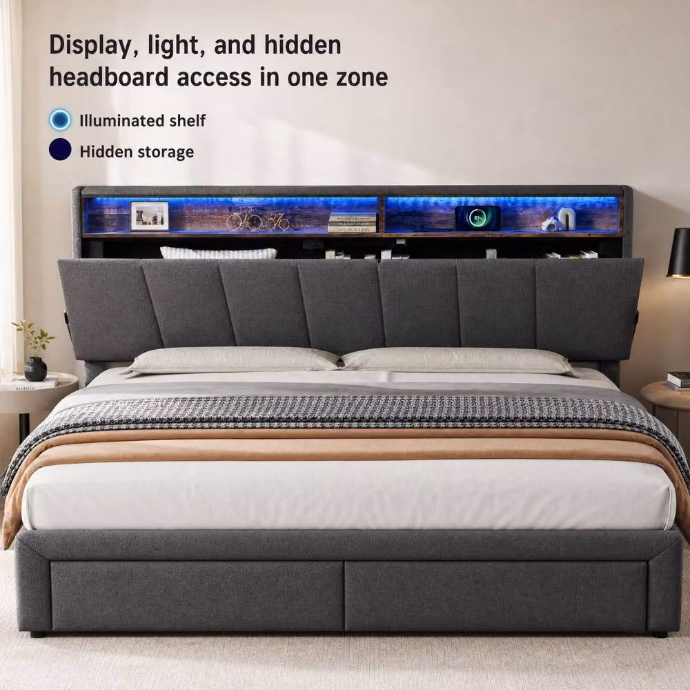 STILVORA Grey Fabric Ottoman Bed with Storage, LED Lighting and USB Charging Station, W/D/H: 180 x 200 x 112 x 162 cm – 5